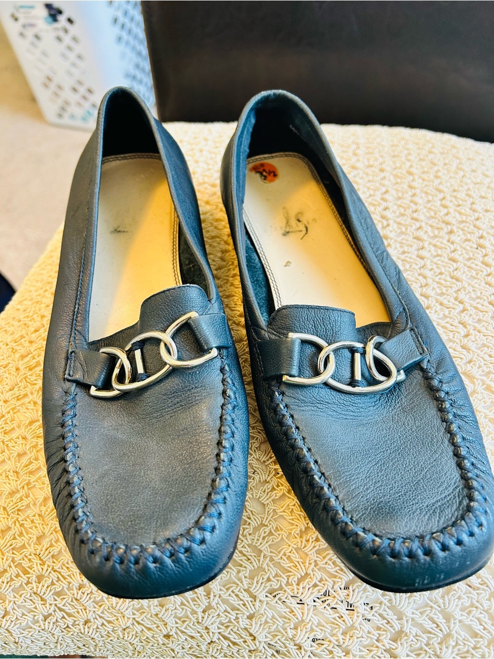 Life Stride Black Leather Loafers with Silver Chain Accent